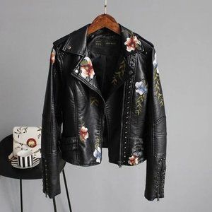 Deadly Skulls Floral Black Leather Jacket